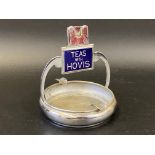 A 'Teas with Hovis' blue enamel and chrome plated combined ashtray and menu holder, stamped to base,