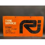 A Romac Tyre Service rectangular tin sign, 23 x 12".