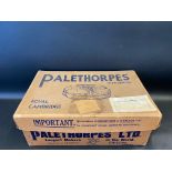 A Palethorpes' Royal Cambridge sausages cardboard box, with railway label attached, 17" w.