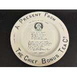 A rare Chief Bonus Tea Co. circular plate, 7 1/4" diameter.