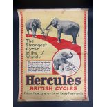 A Hercules British Cycles pictorial advertising poster depicting two elephants trying to pull a