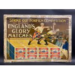 A rare pictorial tin sign advertising England's Glory Matches, depicting a boxing match, 27 x 19".