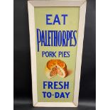 A rare Palethorpes Pork Pies pictorial enamel sign in painted wooden frame, superb near mint