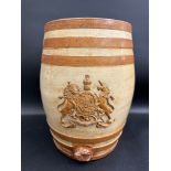 A Doulton Lambeth stoneware barrel bearing coat of arms to the front, 12 1/2" h.