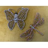 Two Butler & Wilson crystal brooches - dragonfly, h 8.5cm, w 12cm and butterfly, h 9.5cm x w 11cm,