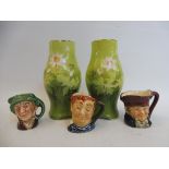 Three miniature Royal Doulton character jugs plus a pair of Royal Doulton miniature porcelain