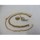 Two 9ct gold chains, a cased 9ct gold ring and a 9ct gold crescent brooch set with turquoise,
