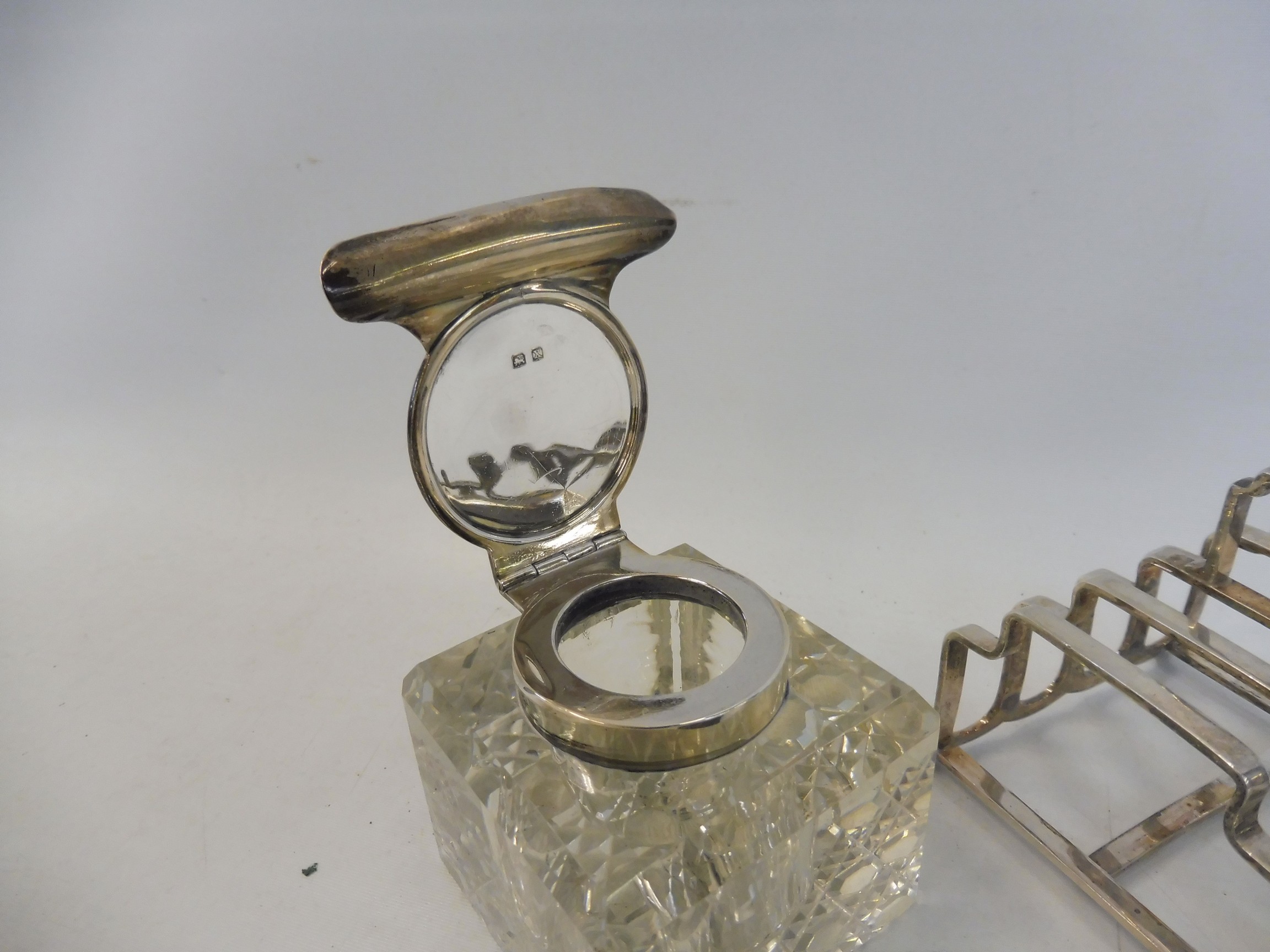 A silver five bar toast rack; a glass and silver mounted inkwell and silver items. - Image 2 of 2