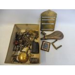 A box of assorted metalware including a brass shot flask, clock winders etc.