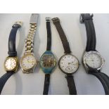 A blue enamel and diamond set wristwatch and four others.