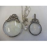 Two magnifiers with pendant mounts, a modern teardrop pendant on chain etc.