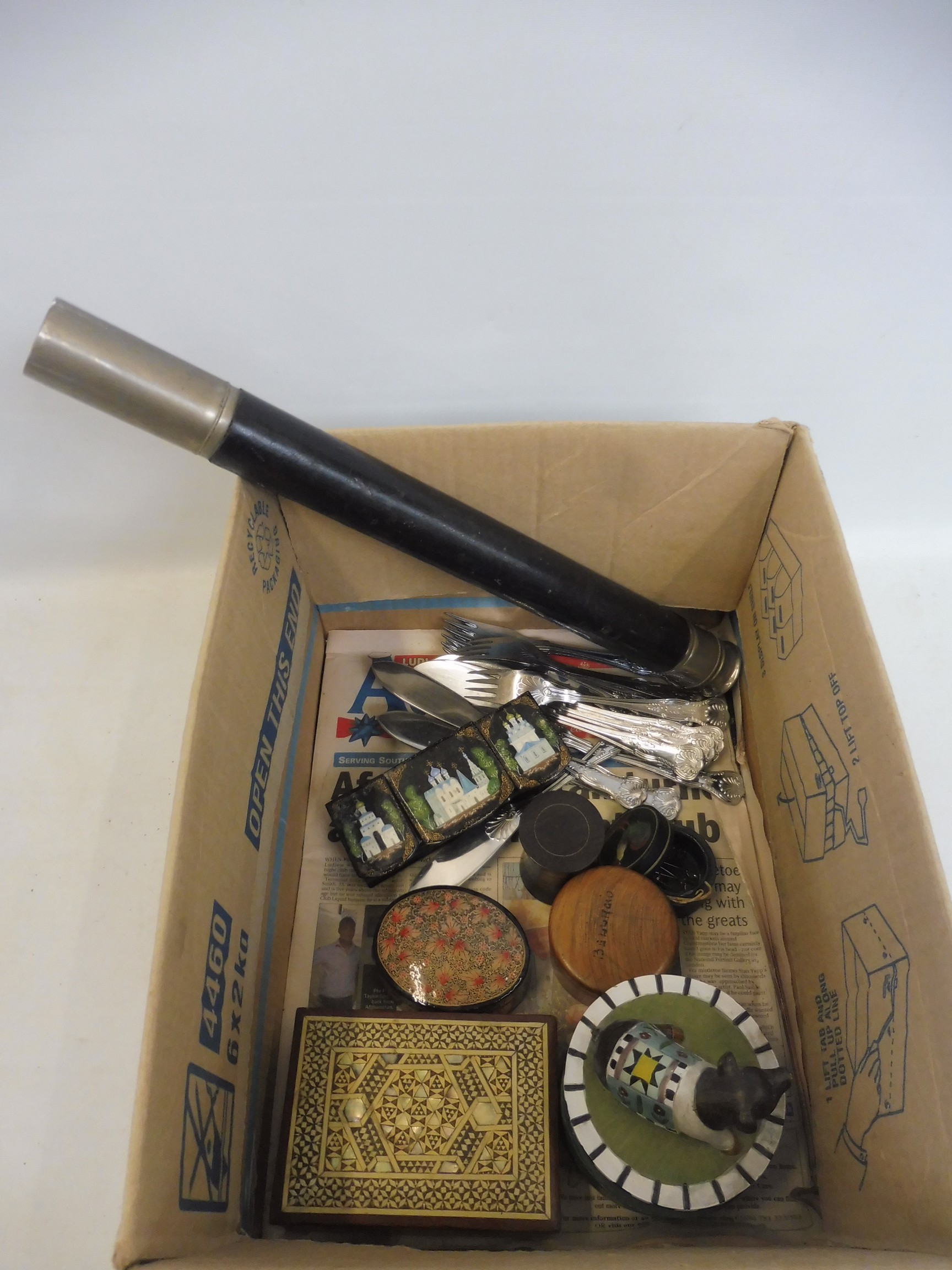 A leather clad telescope, a quantity of silver plated cutlery and various boxes including treen