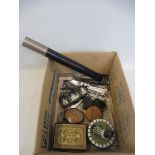 A leather clad telescope, a quantity of silver plated cutlery and various boxes including treen