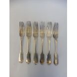 A set of five Victorian fiddle pattern table forks, London 1842, maker CB; and a matching George III