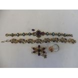 An amethyst and turquoise set bracelet (one stone loose), an amethyst and seed pearl bracelet, an