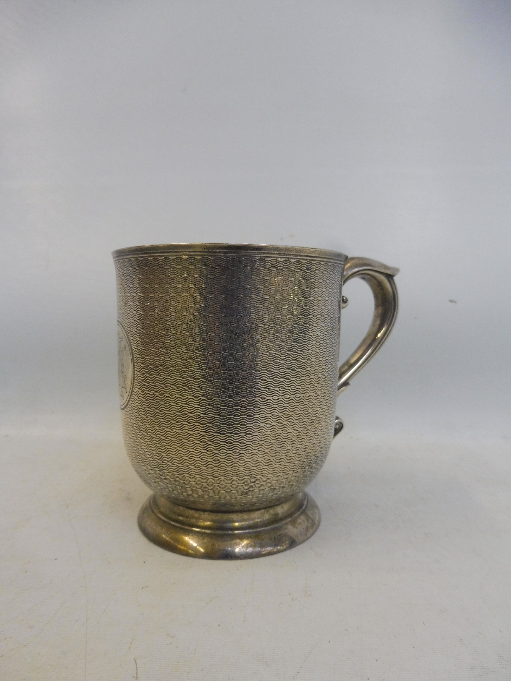 A Victorian silver christening mug with engine turned decoration and monogram, maker Charles - Image 2 of 4