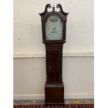 A 19th Century eight day longcase clock, with arched painted dial, swan neck pediment and reeded