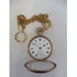A 9ct gold pocket watch with secondary dial and yellow metal chain, approx. 100.4g overall.
