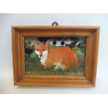 Roy Liu - a pine framed 3D image of a fox standing in moonlit countryside, 11 x 8".