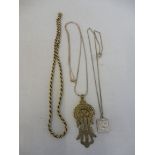A 9ct gold rope twist necklace, approx. 23.5g, an interesting pendant on a silver chain (
