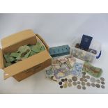 A quantity of coins, mostly GB, some florins pre 1947; foreign coins and bank notes.