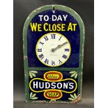 A Hudson's Soap 'To-Day We Close At' enamel clock by Chromo, a scarce version with clover-shaped