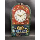 A Hudson's Soap enamel clock by Patent Enamel, the unusual version with clover leaf design, heavy