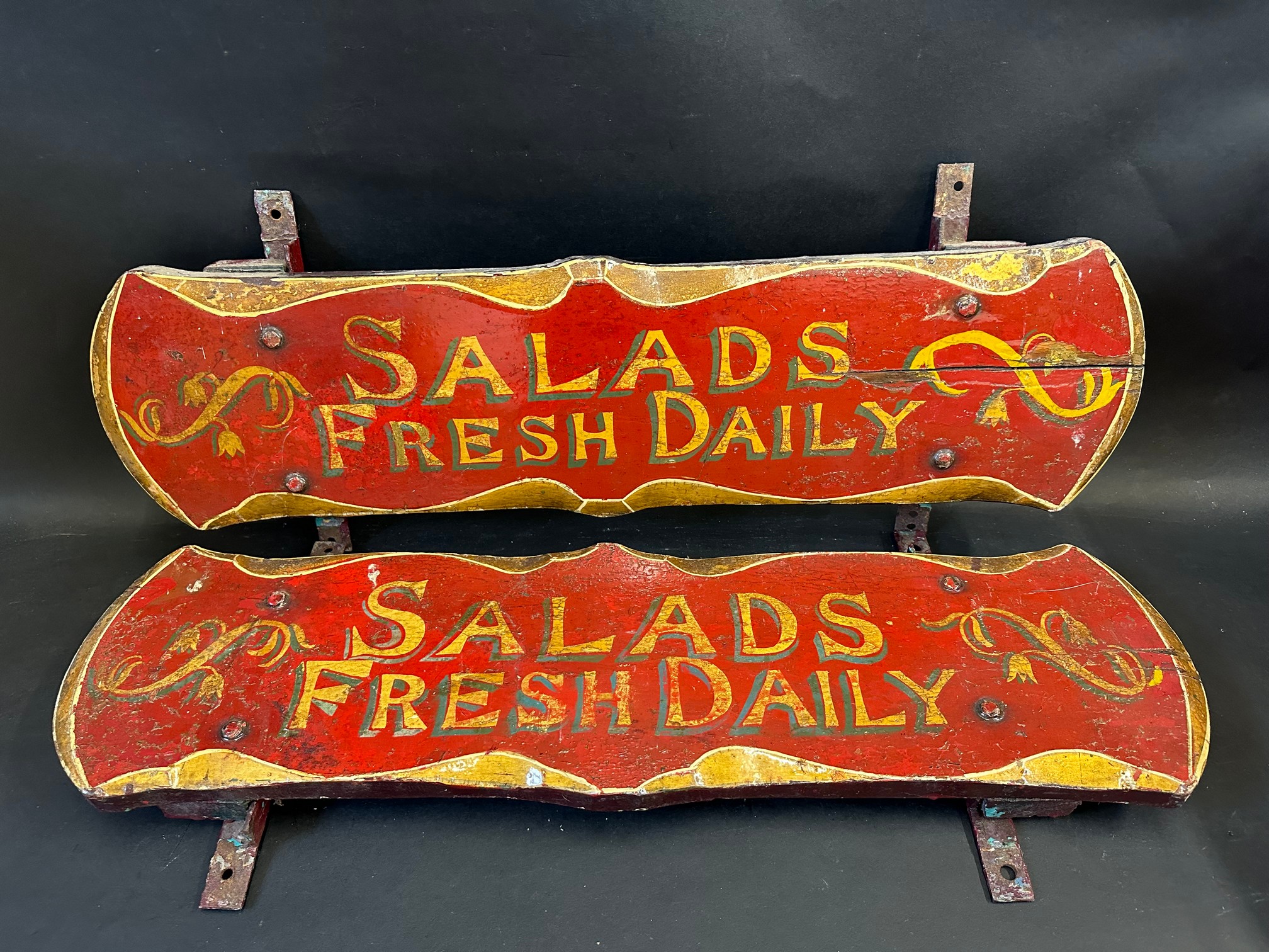 A pair of painted wooden delivery cart signs 'Salads Fresh Daily', 30 1/2 x 8".