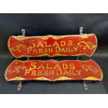 A pair of painted wooden delivery cart signs 'Salads Fresh Daily', 30 1/2 x 8".