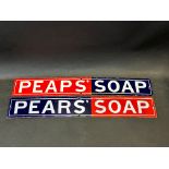 Two Pears' Soap enamel advertising strips, both restored, each 18 1/2 x 2 3/4".
