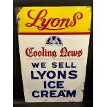 A Lyons Cooling News 'Lyons Ice Cream' rectangular enamel sign in excellent condition with good