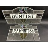 Two leaded glass advertising panels for P.F.McIntosh, Dentist, the larger 25 1/4 x 12 1/2".