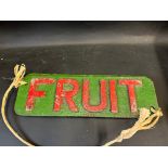 A small pair of cast iron railway wagon plaques 'Fruit', 16 3/4 x 5".