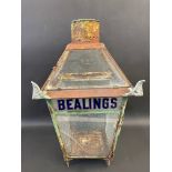 A late Victorian glass lantern with railway station name of Bealings (Suffolk) to one side, 28" h.