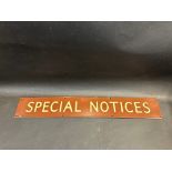 A British Railways Western Region brown and cream enamel 'Special Notices' header board sign, 27 x