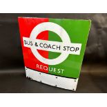 A London Transport enamel bus stop flag 'Bus and Coach Stop Request', by Burnham, some retouching,