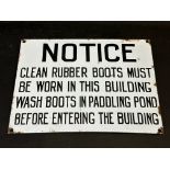 A small Notice enamel sign instructing that 'clean rubber boots must be worn...', 12 x 9".