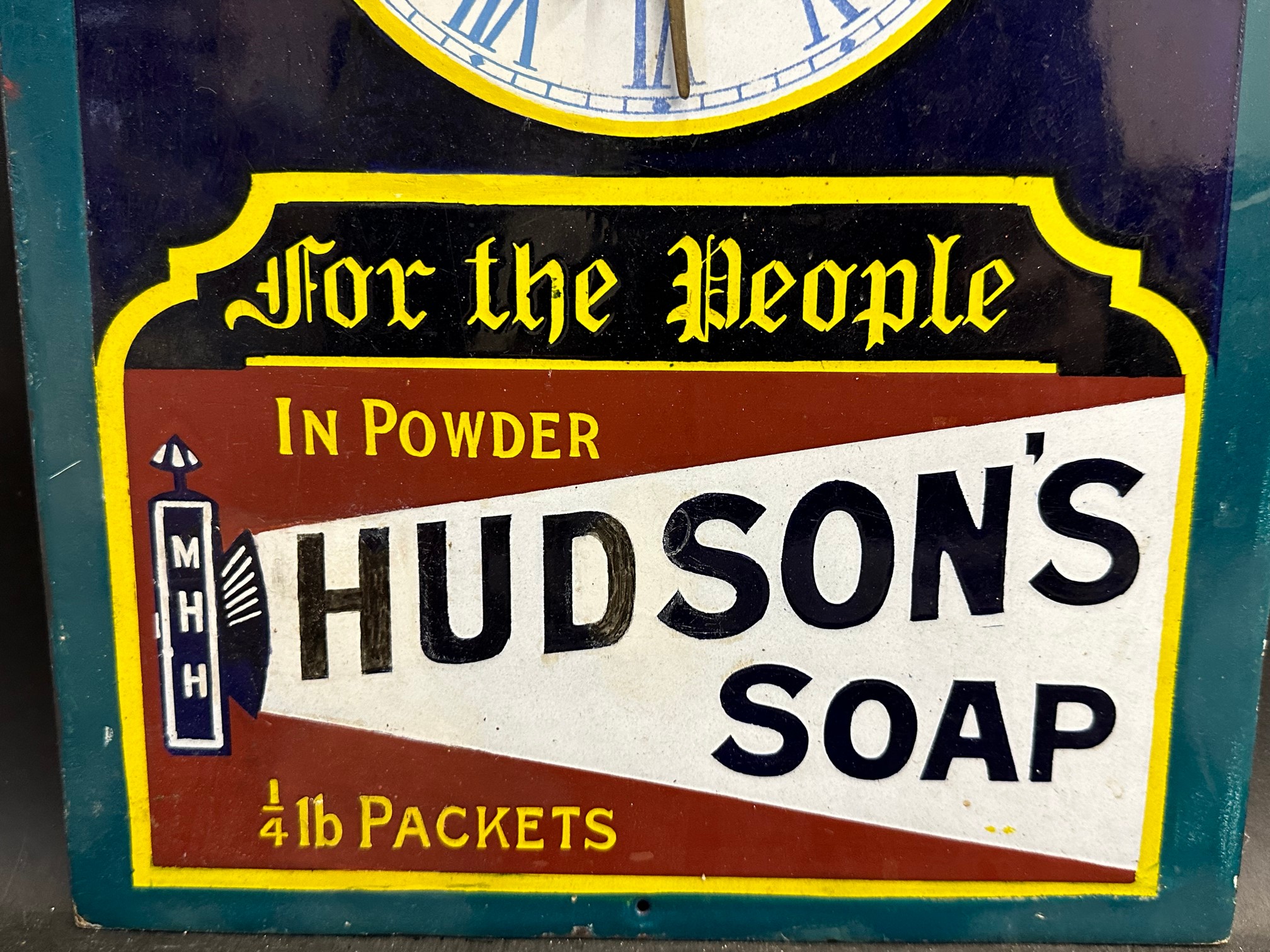 A Hudson's Soap, Public Bakery enamel clock with searchlight motif, by Patent Enamel, some older - Image 5 of 7