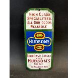 A Hudson's Soap enamel finger plate, heavily restored, 3 1/4 x 7".