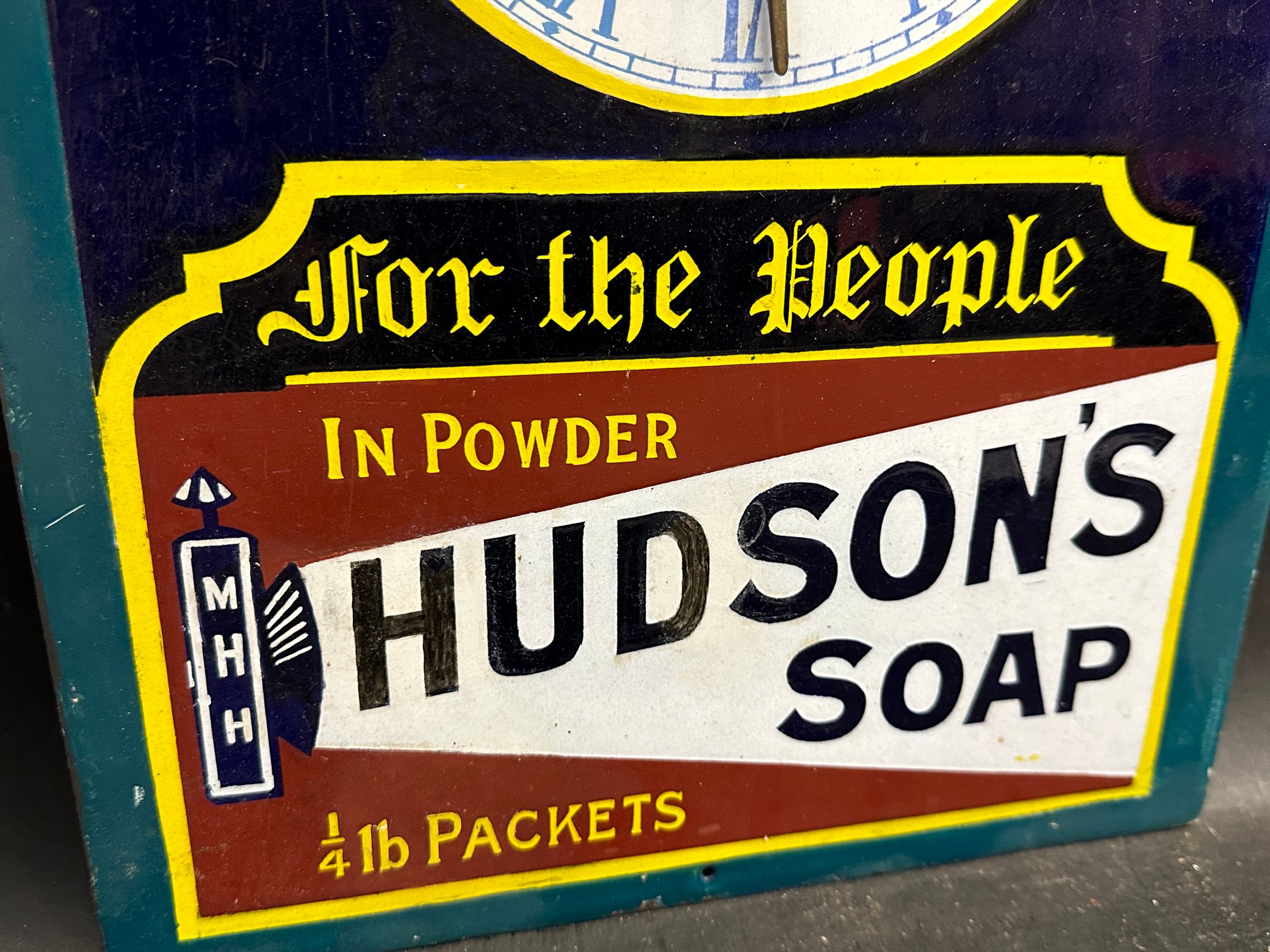 A Hudson's Soap, Public Bakery enamel clock with searchlight motif, by Patent Enamel, some older - Image 4 of 7