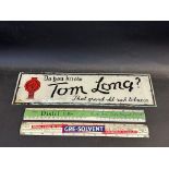 A rectangular glass panel advertising Tom Long tobacco, 15 x 4", plus two metal rules, each with