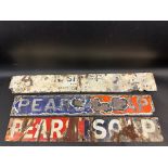 Two Pears Soap enamel strip signs and one other.