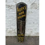 A wall mounted thermometer advertising sign bearing advertising for Allen's Radio Repairing, 8 1/4 x