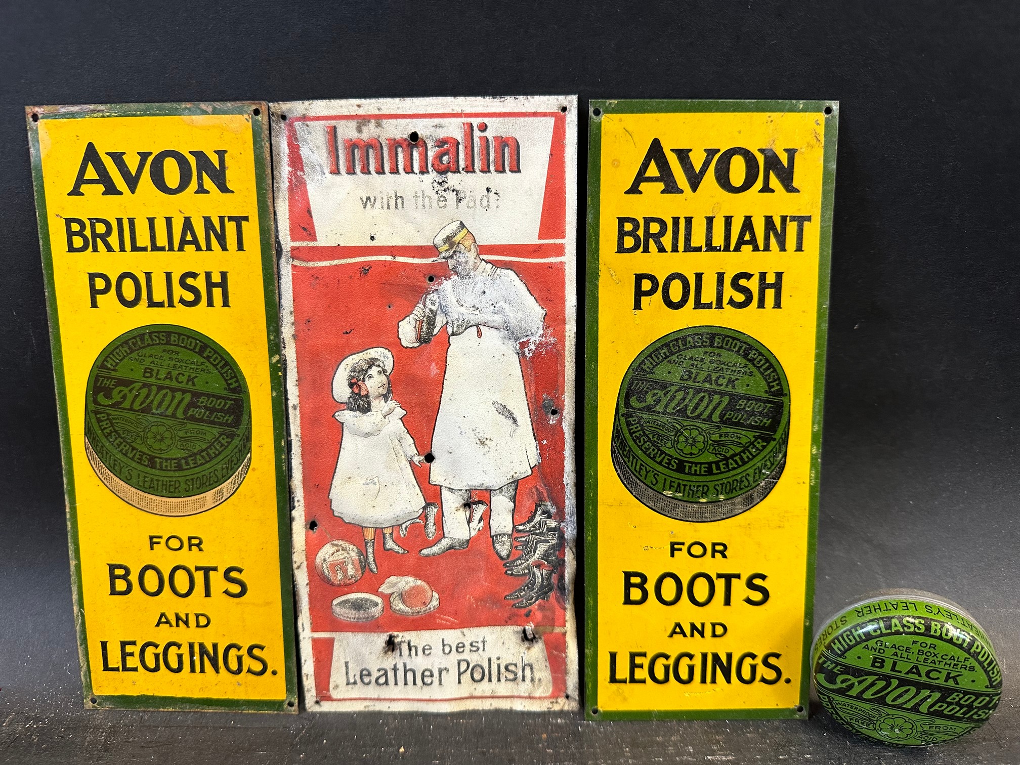 Two Avon Brilliant Polish tin finger plates, a tin for Avon boot polish and a third tin finger plate