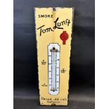 A Tom Long Tobacco enamel thermometer (lacking tube), 7 1/2 x 22 1/2".