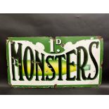A Monsters lemonade rectangular enamel sign by Trenner & Son, Gray's Inn Rd. W.C., 24 x 13".