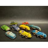 An interesting selection of early miniature tinplate cars, four being clockwork, four being lovely