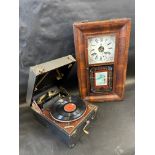 An early 20th Century rosewood framed American wall clock plus a Columbia gramaphone.
