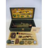 A replica G.I. Joe Wood carry case with inner tray and figure, sticker to front, contents appear