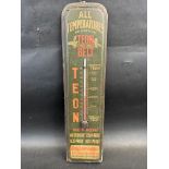 A tin thermometer advertising Teon Belts, mounted on a board, 5 x 19".